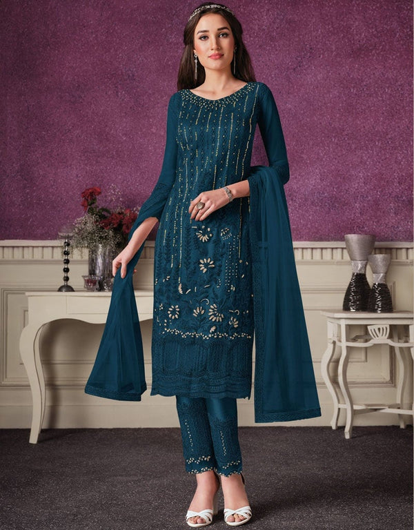 Dark Blue Pant style Straight Butterfly Net Salwar Kameez in Cording Embroidery & Lace Work