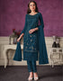 Dark Blue Pant style Straight Butterfly Net Salwar Kameez in Cording Embroidery & Lace Work