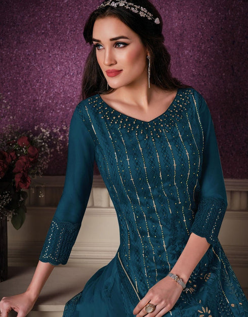 Dark Blue Pant style Straight Butterfly Net Salwar Kameez in Cording Embroidery & Lace Work Closure View
