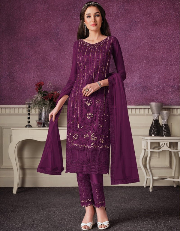 Dark Purple Pant style Straight Butterfly Net Salwar Kameez in Cording Embroidery & Lace Work