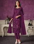 Dark Purple Pant style Straight Butterfly Net Salwar Kameez in Cording Embroidery & Lace Work
