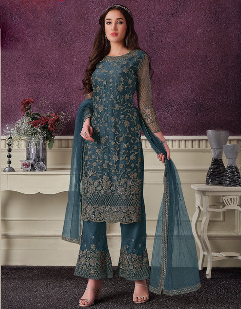 Blue Pant style Suits Soft Net Salwar Kameez in Cording Embroidery & Lace Work Closure View Embroidery