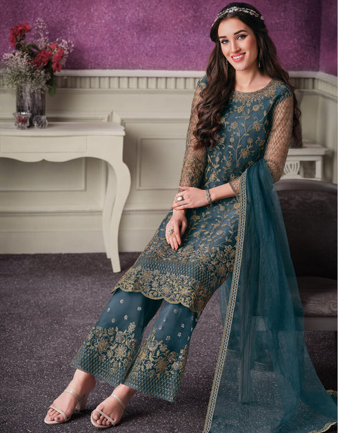 Blue Pant style Suits Soft Net Salwar Kameez in Cording Embroidery & Lace Work Closure View