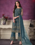 Blue Pant style Suits Soft Net Salwar Kameez in Cording Embroidery & Lace Work