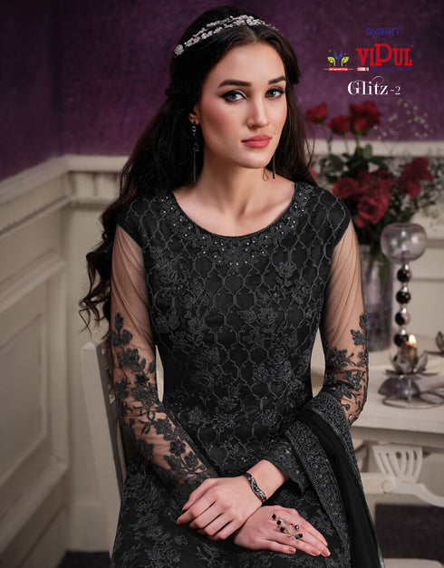 Black Pant style Suits Soft Net Salwar Kameez in Cording Embroidery & Lace Work Closure View
