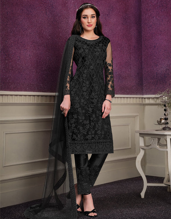 Black Pant style Suits Soft Net Salwar Kameez in Cording Embroidery & Lace Work