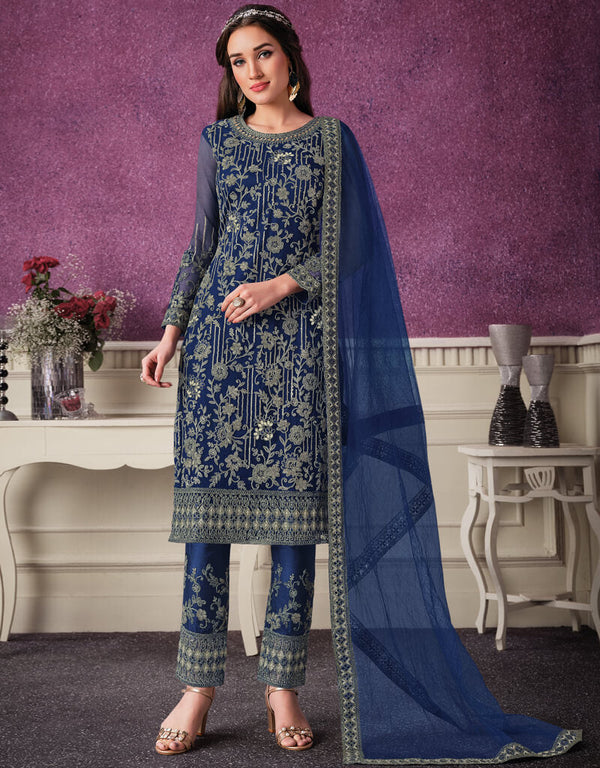 Royal Blue Pant style Suits Soft Net Salwar Kameez in Cording Embroidery & Lace Work