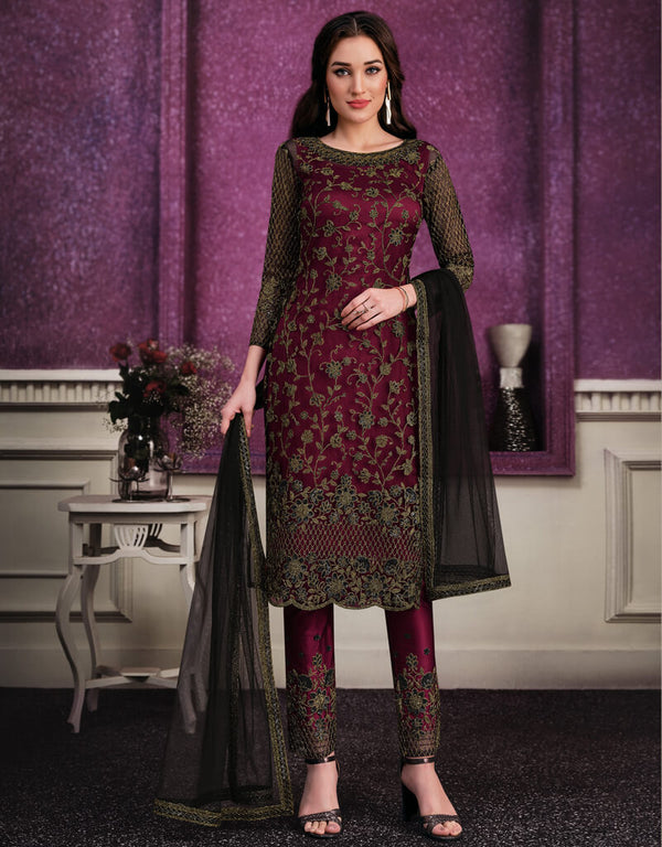 Wine Pant style Suits Soft Net Salwar Kameez in Cording Embroidery & Lace Work