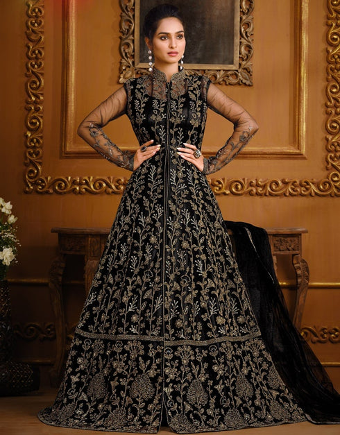 Black Pant style Anarkali Soft Net Salwar Kameez in Cording Embroidery & Lace Work