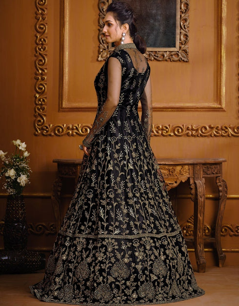 Black Pant style Anarkali Soft Net Salwar Kameez in Cording Embroidery & Lace Work Closure View