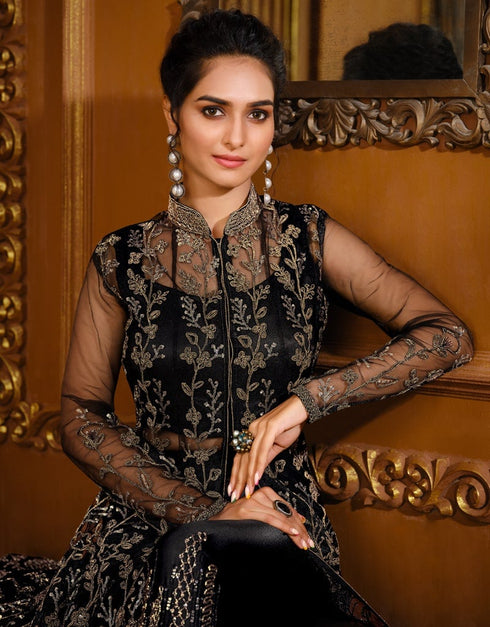Black Pant style Anarkali Soft Net Salwar Kameez in Cording Embroidery & Lace Work Closure View Embroidery
