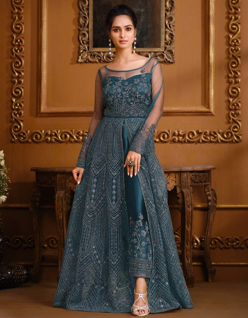 Classic Blue Pant style Anarkali Soft Net Salwar Kameez in Cording Embroidery & Lace Work