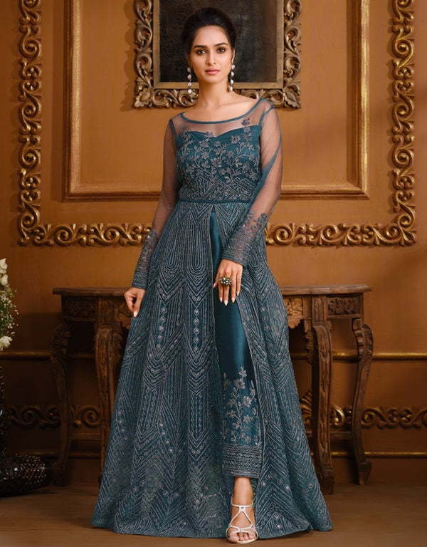Classic Blue Pant style Anarkali Soft Net Salwar Kameez in Cording Embroidery & Lace Work
