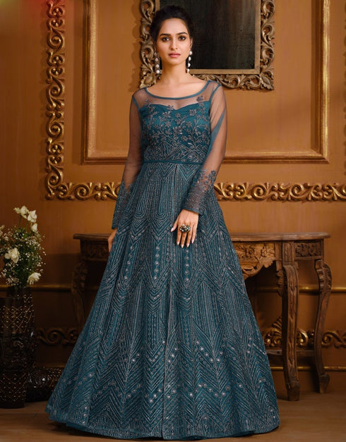 Classic Blue Pant style Anarkali Soft Net Salwar Kameez in Cording Embroidery & Lace Work Closure View Embroidery Back side View