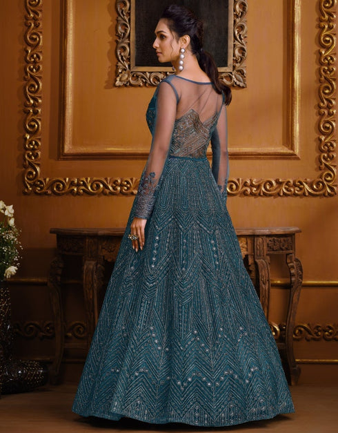 Classic Blue Pant style Anarkali Soft Net Salwar Kameez in Cording Embroidery & Lace Work Closure View Embroidery