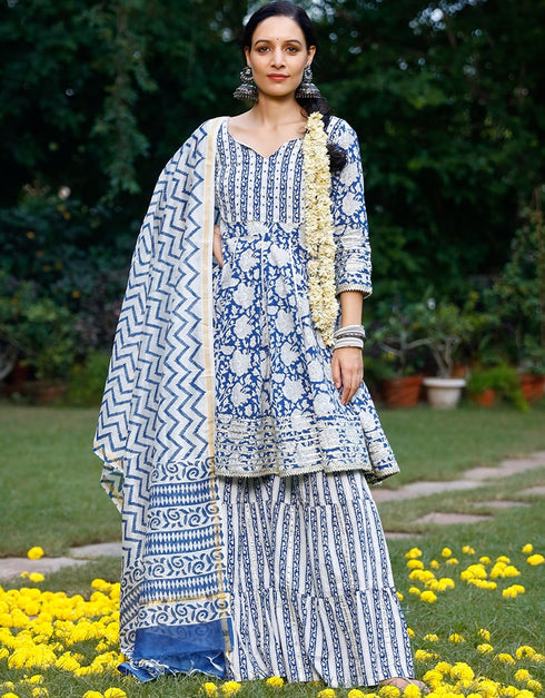 White & Blue Cotton Suit Sharara