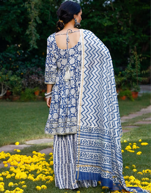 White & Blue Cotton Suit Sharara Closure View