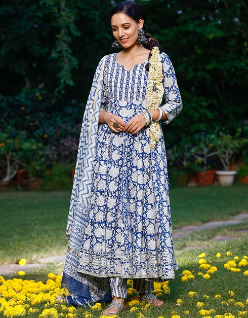 White & Blue Cotton Suit Pant