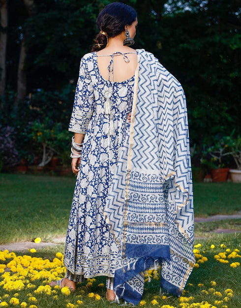 White & Blue Cotton Suit Pant Women