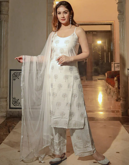 Off White Cotton Straight Palazzo