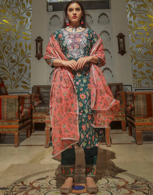 Teal Green Cotton Straight Pant