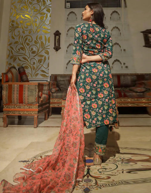 Teal Green Cotton Straight Pant Women