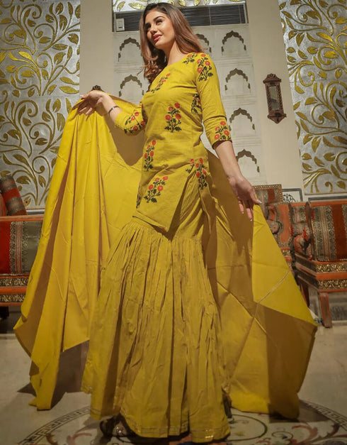 Golden Yellow Cotton Suit Sharara Closure View