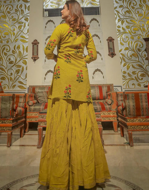 Golden Yellow Cotton Suit Sharara Women