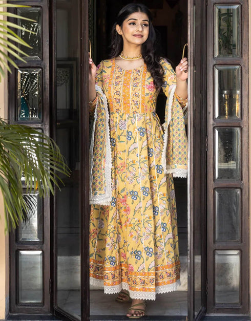 Mustard Cotton Anarkali Pant