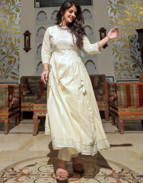 Cream White Cotton Anarkali Pant