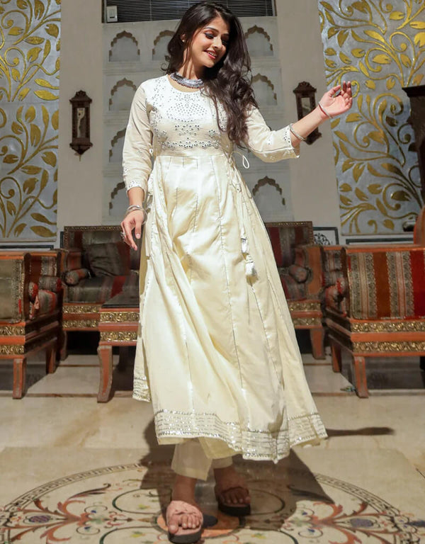 Cream White Cotton Anarkali Pant