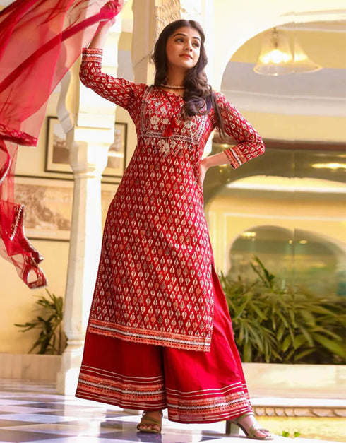 Red Maroon Cotton Straight Palazzo