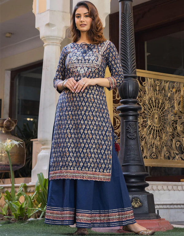 Navy Blue Cotton Straight Palazzo