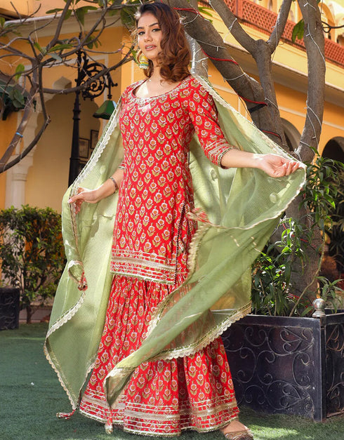 Red Cotton Suit Sharara Closure View