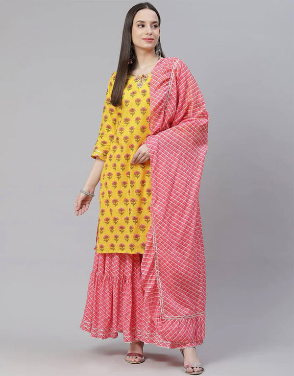 Saffron Mango Cotton Salwar Suit Sharara