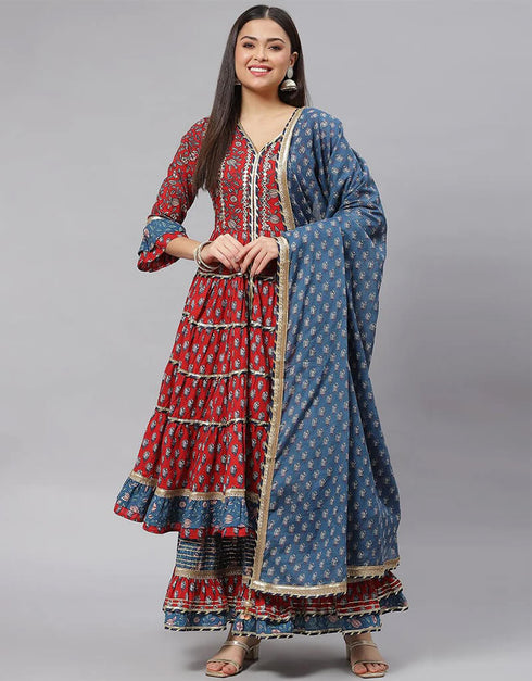 Maroon & Blue Pure Cotton Salwar Kameez Palazzo