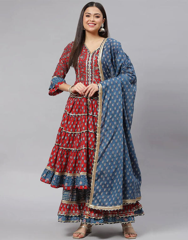 Maroon & Blue Pure Cotton Salwar Kameez Palazzo