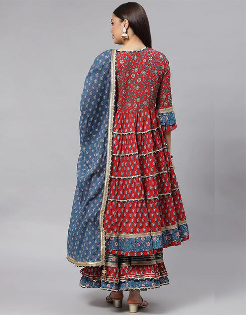 Maroon & Blue Pure Cotton Salwar Kameez Palazzo Closure View