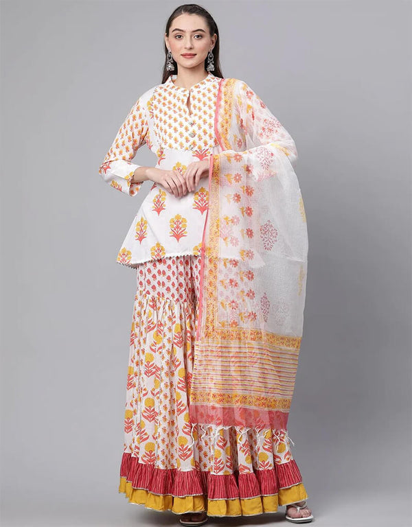 Yellow & White Pure Cotton Salwar Suit Palazzo