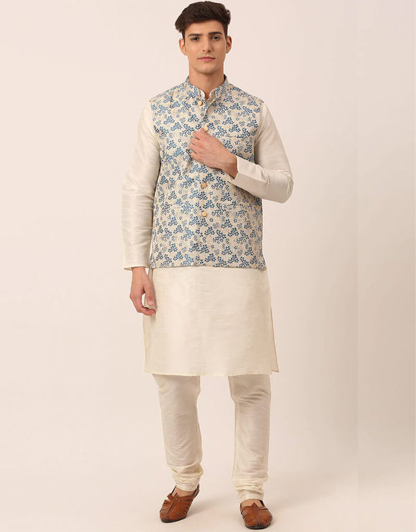 White Kurta Dupion SIlk Churidar