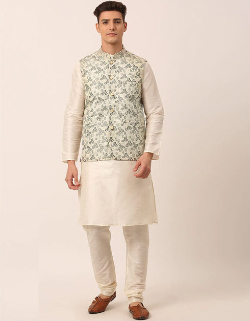 White Kurta Dupion SIlk Churidar