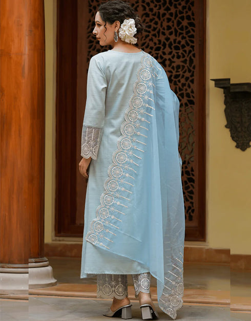 Sky Blue Poly Silk Straight Pant Closure View