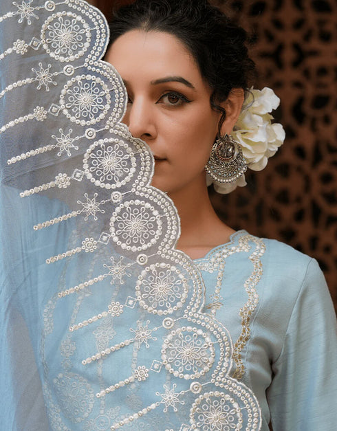 Sky Blue Poly Silk Straight Pant Women