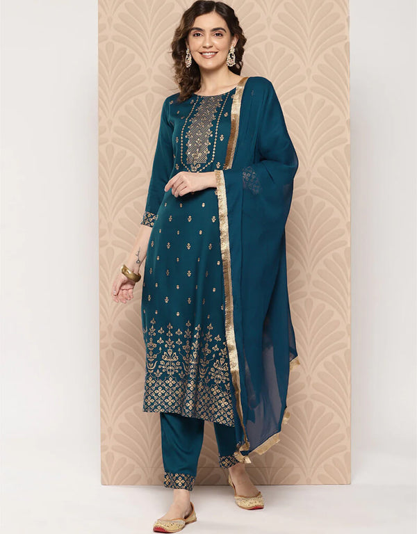 Navy Blue Viscose Rayon Straight Pant