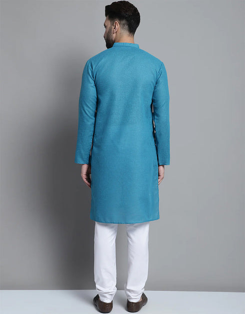 Peacock Blue Kurta Pure Cotton Payjama Closure View