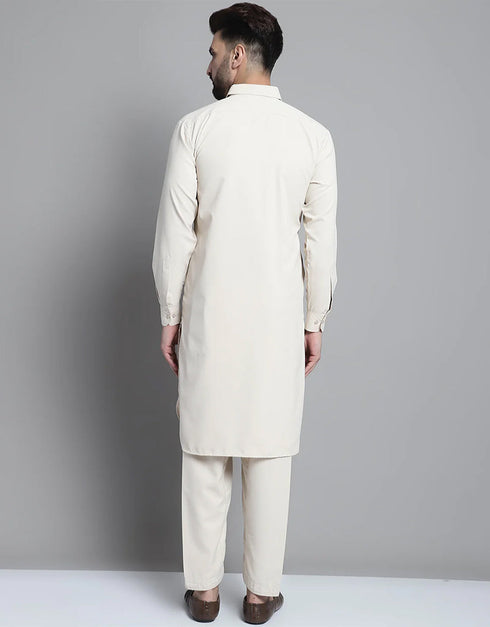 Cream White Kurta Cotton Payjama Closure View