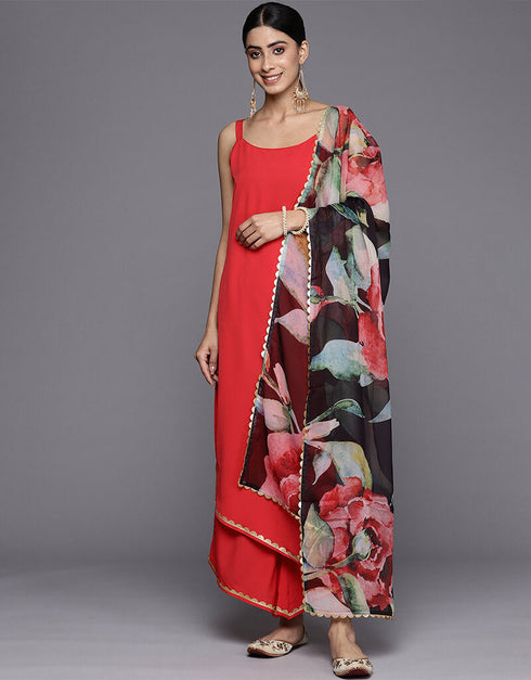 Red Crepe Suit Palazzo Closure View