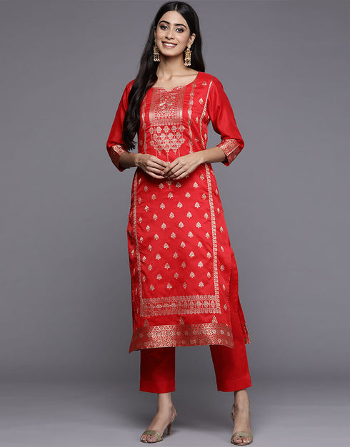 Red Jacquard Straight Pant Closure View