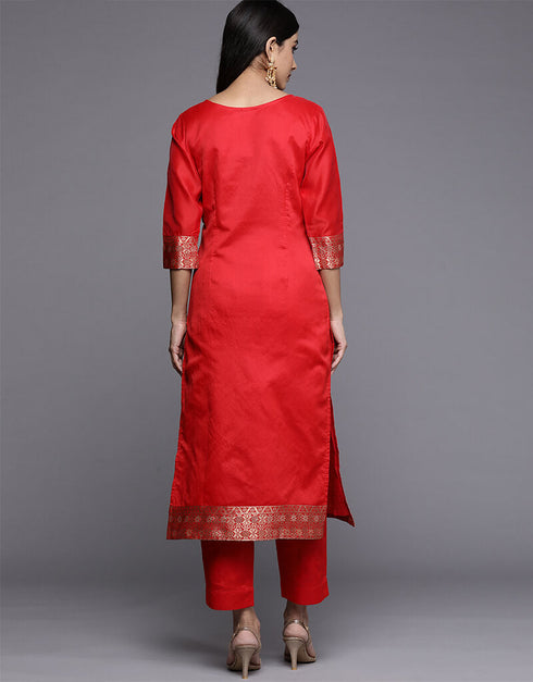 Red Jacquard Straight Pant Women