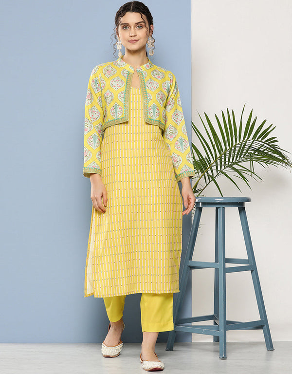 Yellow Cotton Blend Straight Pant